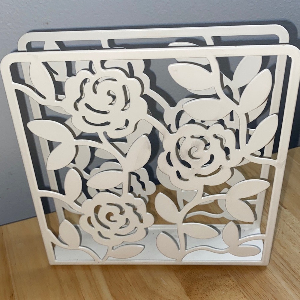Floral Laser-Cut Metal Napkin Holder in White